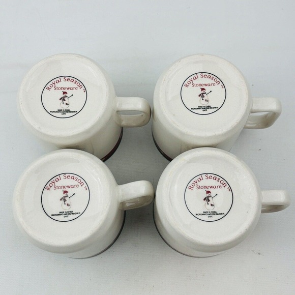 Royal Seasons Snowmen 4 Mug Lot 3.25" Cup Red‎ Band Dots Green Trim Stoneware - Picture 4 of 10